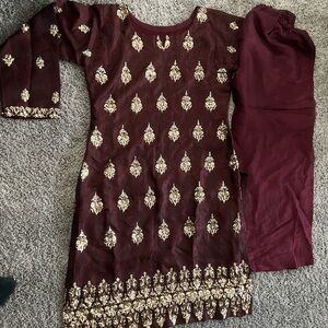 Maroon and Gold Embroidered Dress